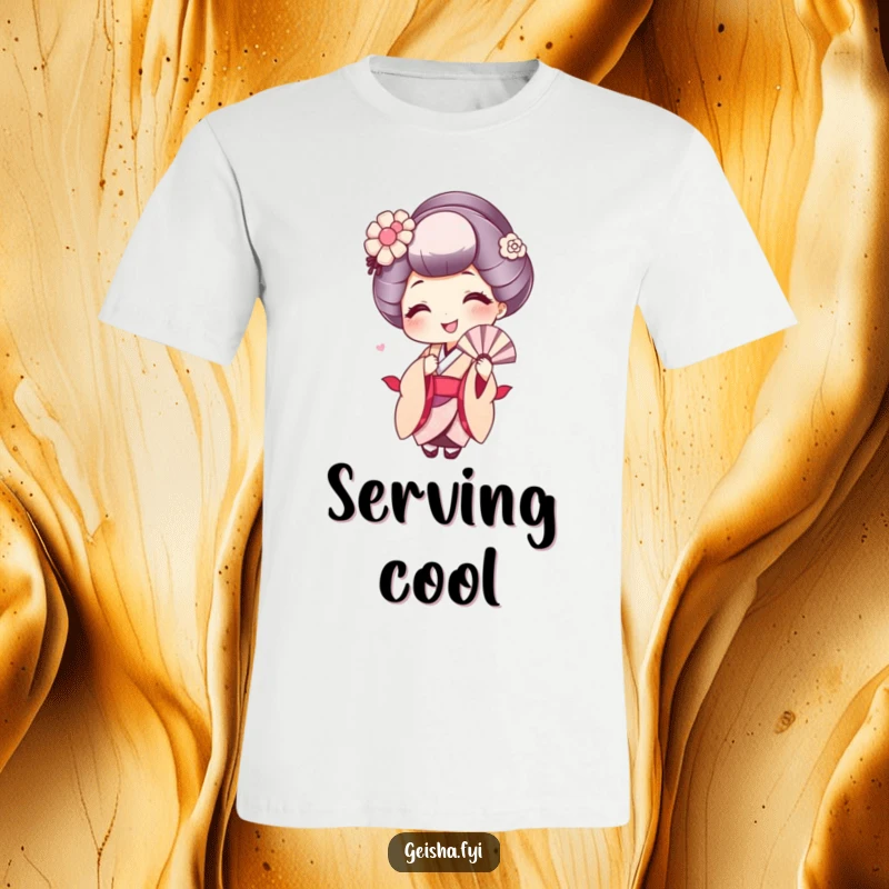 Funny t-shirt depicting a cute geisha character with a big smile, playfully fanning herself to stay cool.