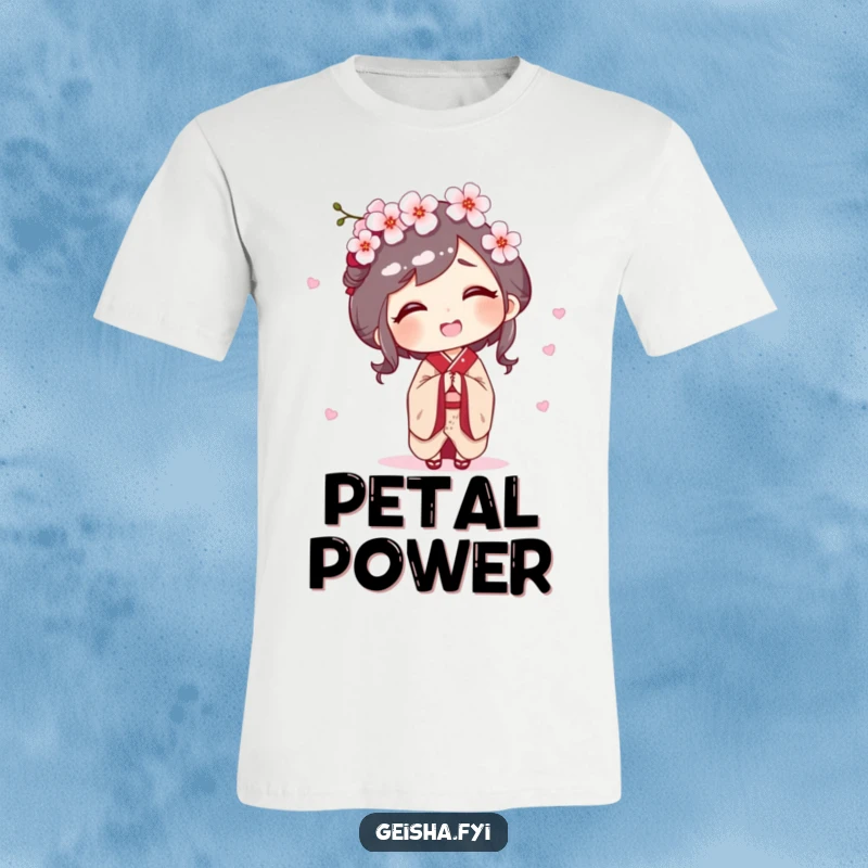 Funny t-shirt depicting a geisha character giggling as a beautiful cherry blossom softly lands on her head.