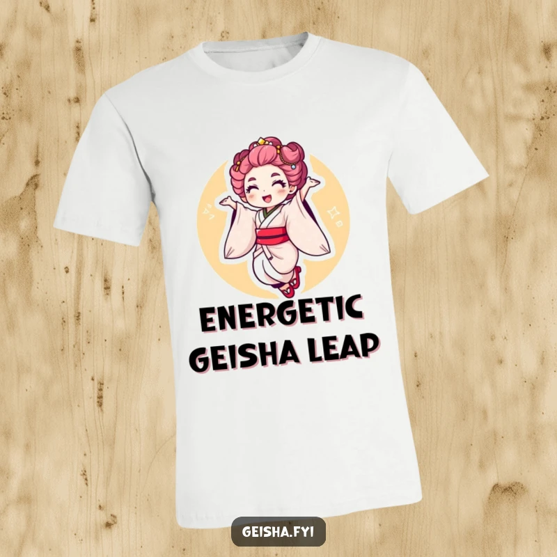 Funny Geisha Jump T-Shirt: a dynamic character executing a cheerful, energetic jump with an elegant flourish and poise.