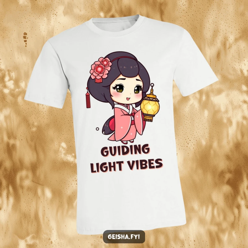 Funny Geisha T-Shirt: Playful character winks holding a shimmering lantern, a humorous and glowing graphic tee.