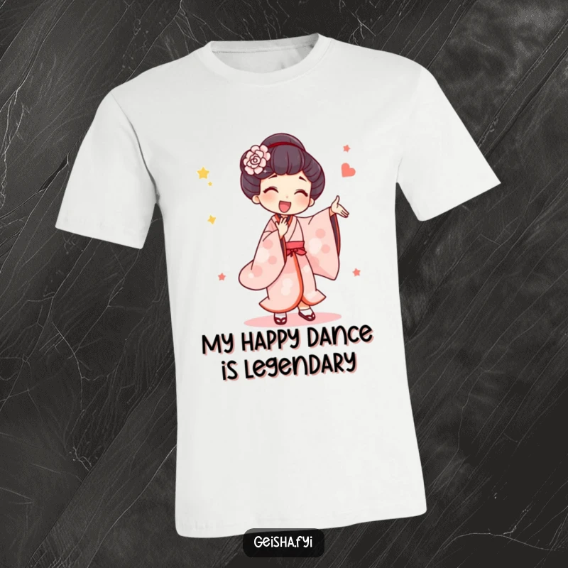 Funny T-Shirt: A geisha character is captured mid-dance with joyful, exaggerated movements, showcasing a spirit of playful celebration.