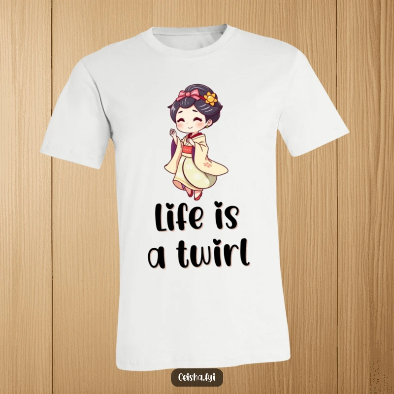 Funny Geisha doing a playful spin with a flourish, energetic and humorous T-shirt.