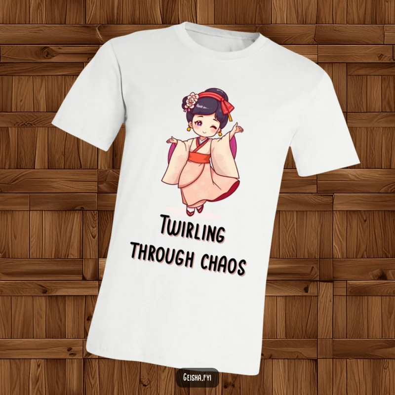 Funny Geisha T-Shirt: A cheerful geisha character performing a graceful, twirling dance, bringing smiles and fun.