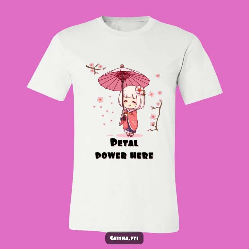 Funny Geisha Umbrella Cherry Blossom T-Shirt - Giggling Character Apparel