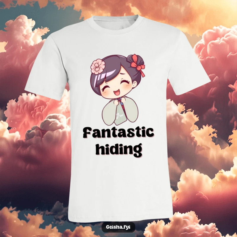 Funny t-shirt with a giggling geisha character peeking out playfully from behind a colorful paper fan design.