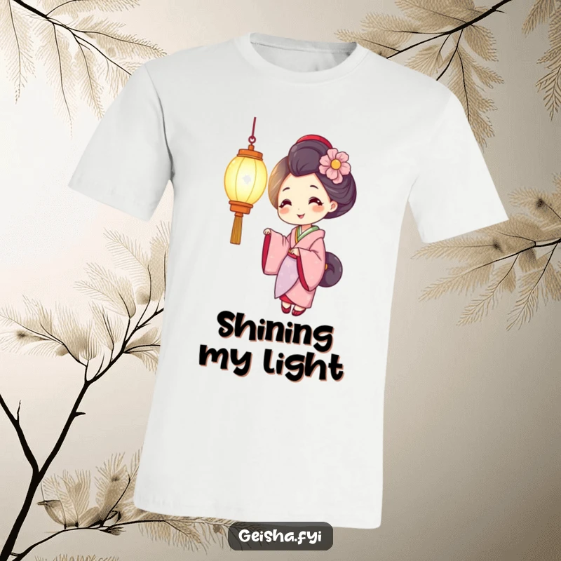 Funny geisha t-shirt featuring a smiling woman holding a brightly lit lantern, radiating warmth and positive energy.