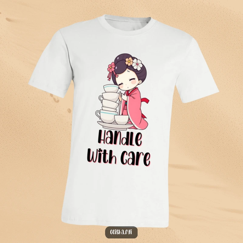 Funny geisha doll t-shirt character attempting to balance a teacup stack, one cup tipping. Hilarious, clumsy, and relatable design.