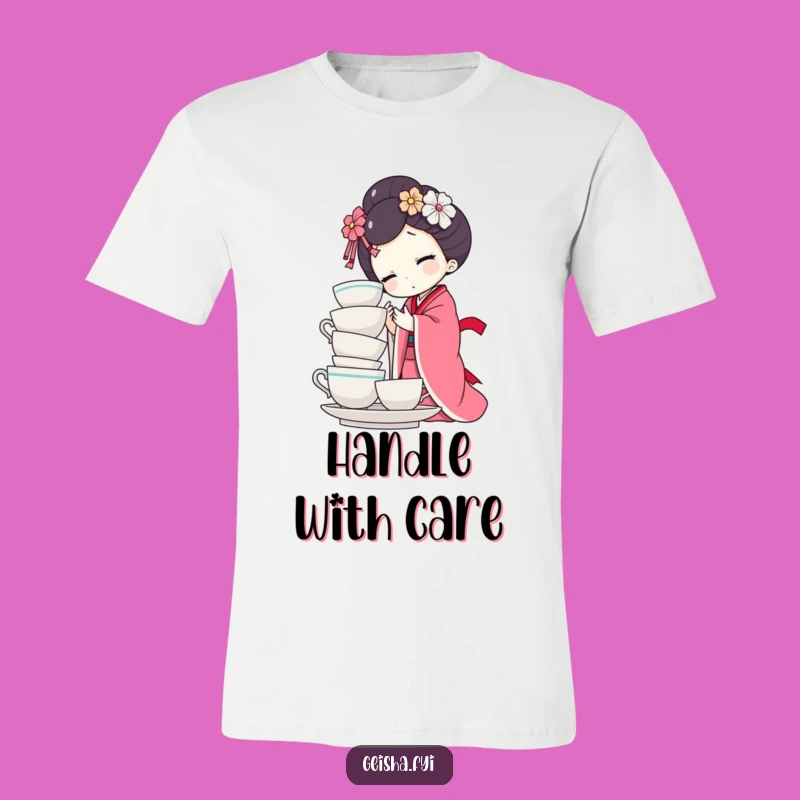 Funny Geisha Doll Teacup Balance T-Shirt - Comedic Doll Apparel Gift