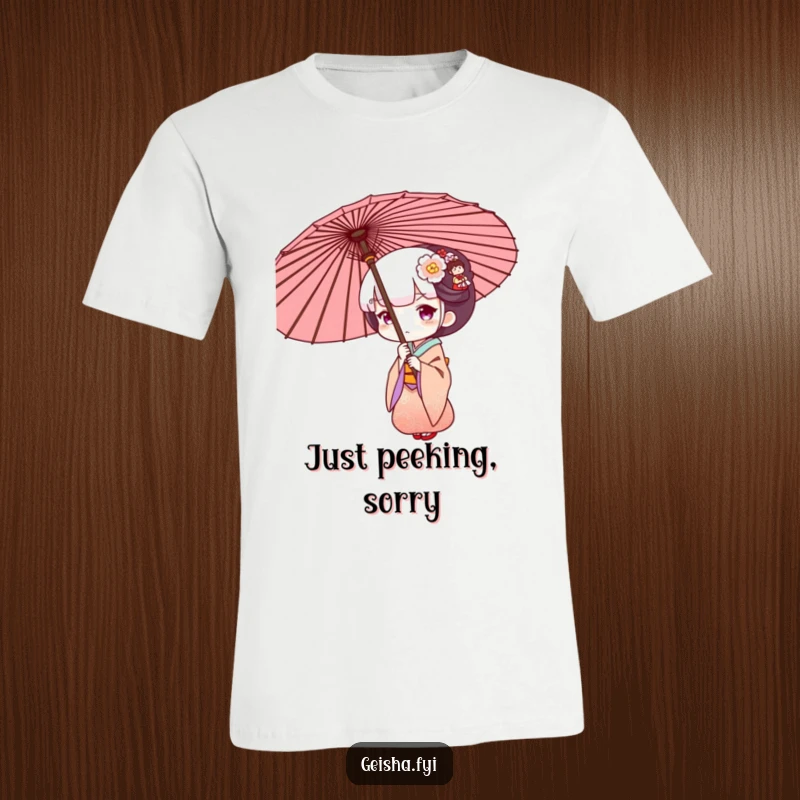 Funny Geisha peeking from behind a big ornate umbrella on this humorous T-shirt, perfect for casual wear.