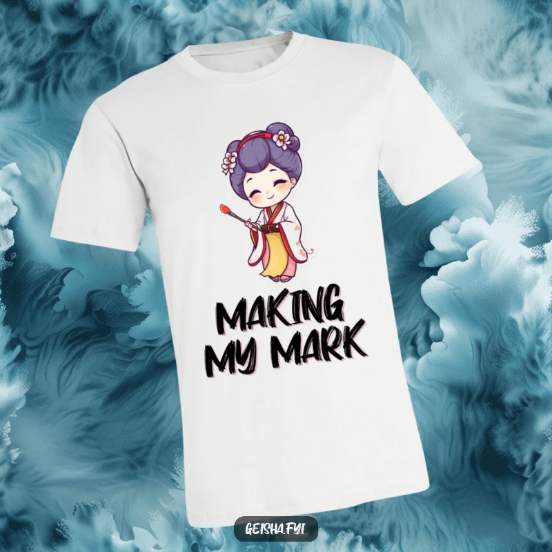 Funny t-shirt with a joyful geisha character creating art on a tiny scroll, showcasing artistic passion and humor, a great gift.