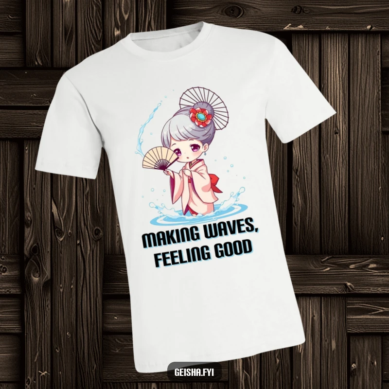 Funny Geisha Splashing T-Shirt, a character playfully tossing water with a fan, embodying joy and lighthearted water fun.
