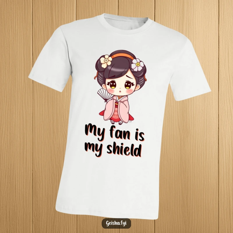 Funny Surprised Geisha T-Shirt, a cute character wearing traditional attire, holding an open fan with a comically surprised expression.