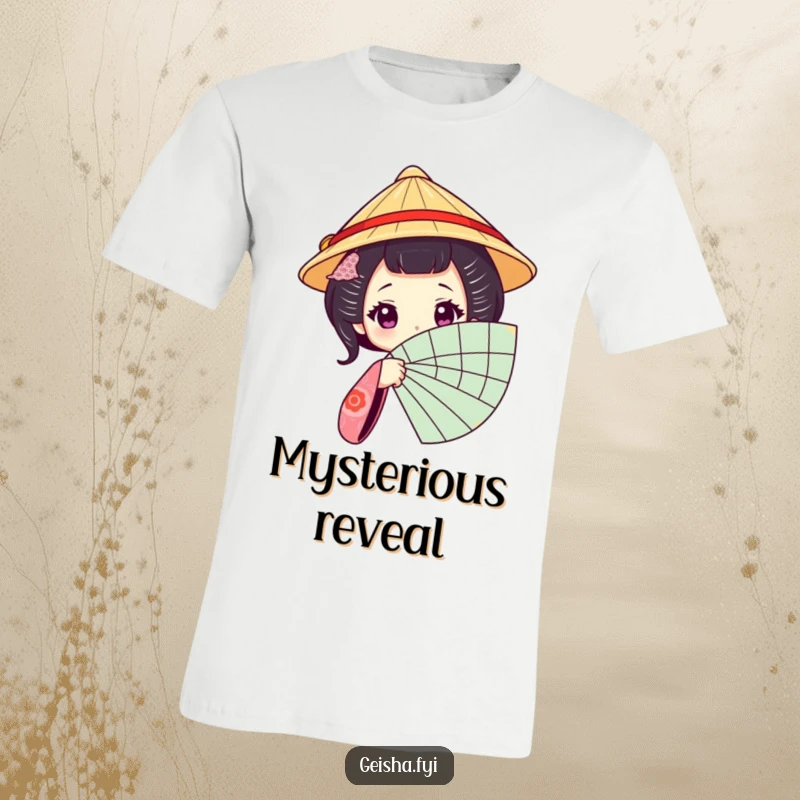 Funny Geisha Fan T-Shirt: A geisha character in a traditional hat peeking from behind a fan.