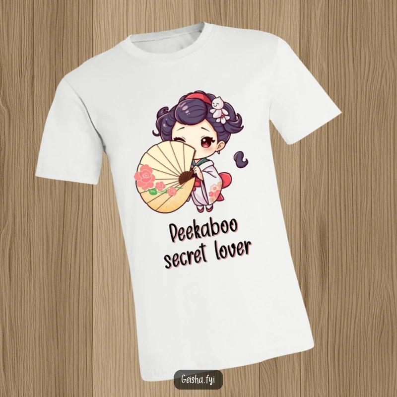 Stylish t-shirt featuring a geisha character playfully peeking from behind an ornate fan, giving a captivating wink, full of playful intrigue.