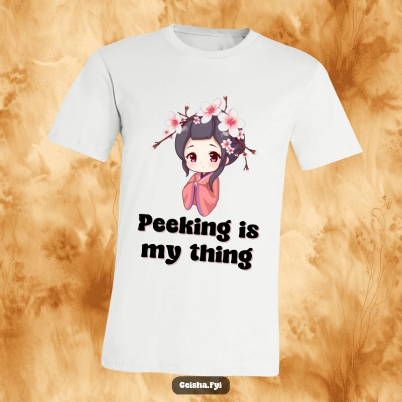 Funny t-shirt with a shy geisha character peeking from behind cherry blossoms, offering delicate charm and humor, a great gift.