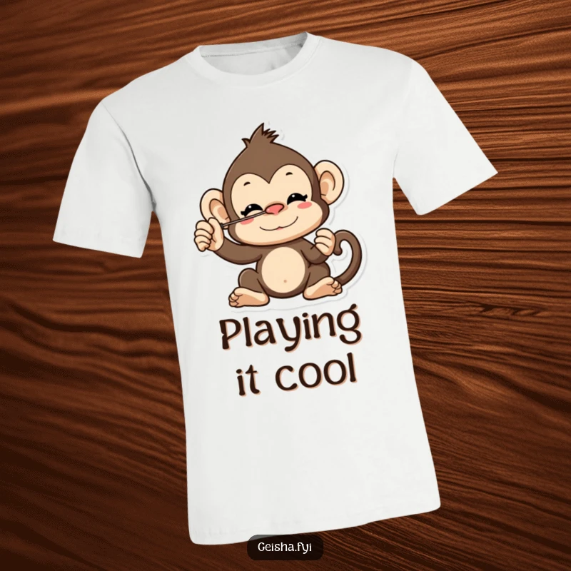 Funny cheeky monkey t-shirt, balancing a fan on its nose with a mischievous expression, ideal for casual wear.