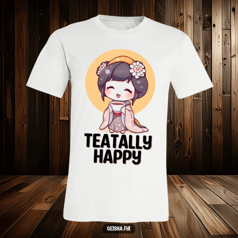 Funny Geisha T-Shirt: A happy geisha character cherishes a tiny teacup, beaming with delight.