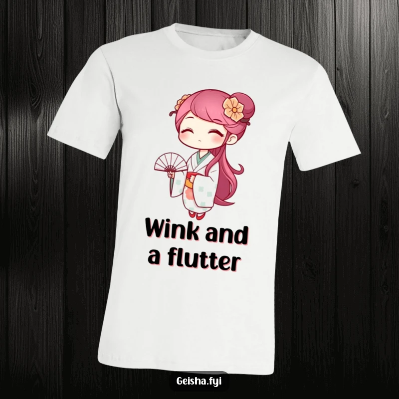 Funny geisha t-shirt featuring a winking character elegantly waving a small, decorative fan, a stylish and humorous design.