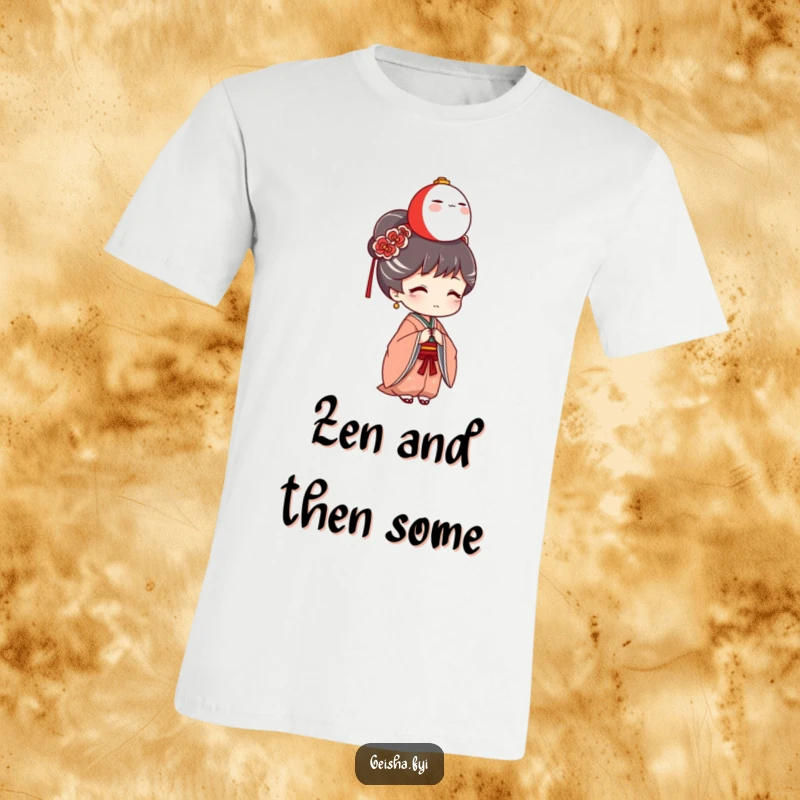 Funny Geisha T-Shirt: A vibrant geisha character humorously balances a small Daruma doll atop her head, showcasing playful silliness.