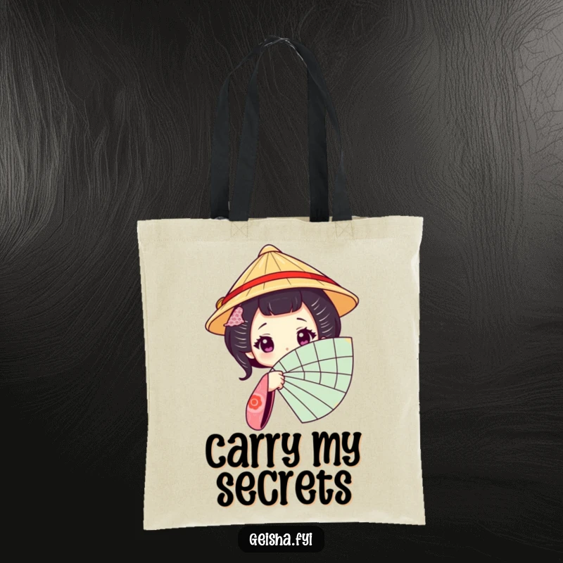Funny Geisha Fan Tote Bag: A tote bag featuring a geisha character in a traditional hat peeking from behind a fan.