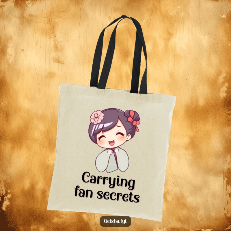 Funny tote bag with a giggling geisha character peeking from behind a fan, perfect for everyday adventures.