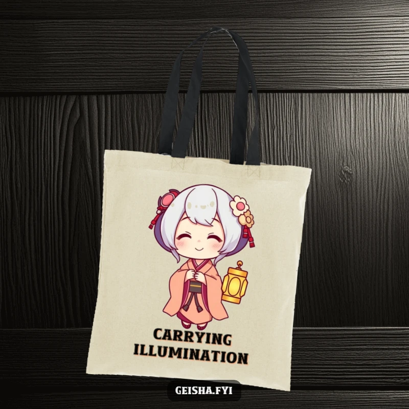 Funny Geisha offering a small glowing lantern, humorous and functional tote bag.