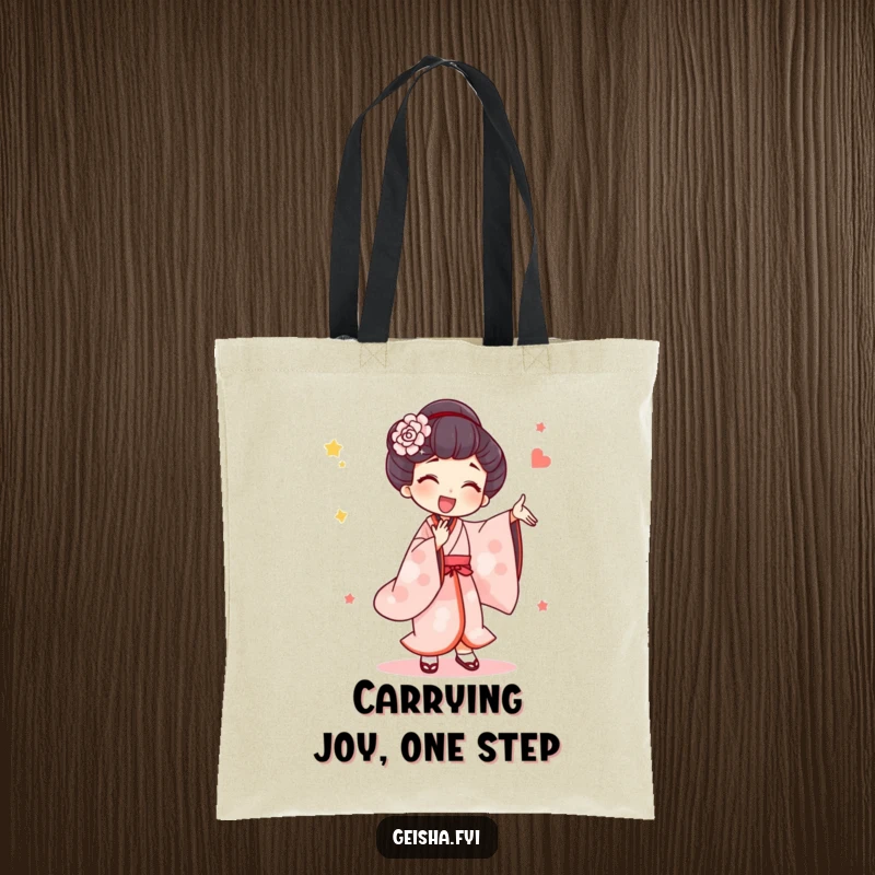 Funny Tote Bag: A geisha character performs an energetic and silly dance, her exaggerated movements full of joy and artistic expression.