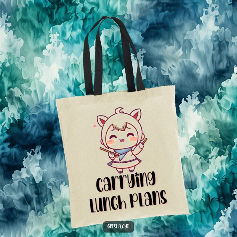 Funny Tote Bag: A cheerful bento box character skillfully juggling chopsticks, ideal for carrying lunch and snacks with humor.