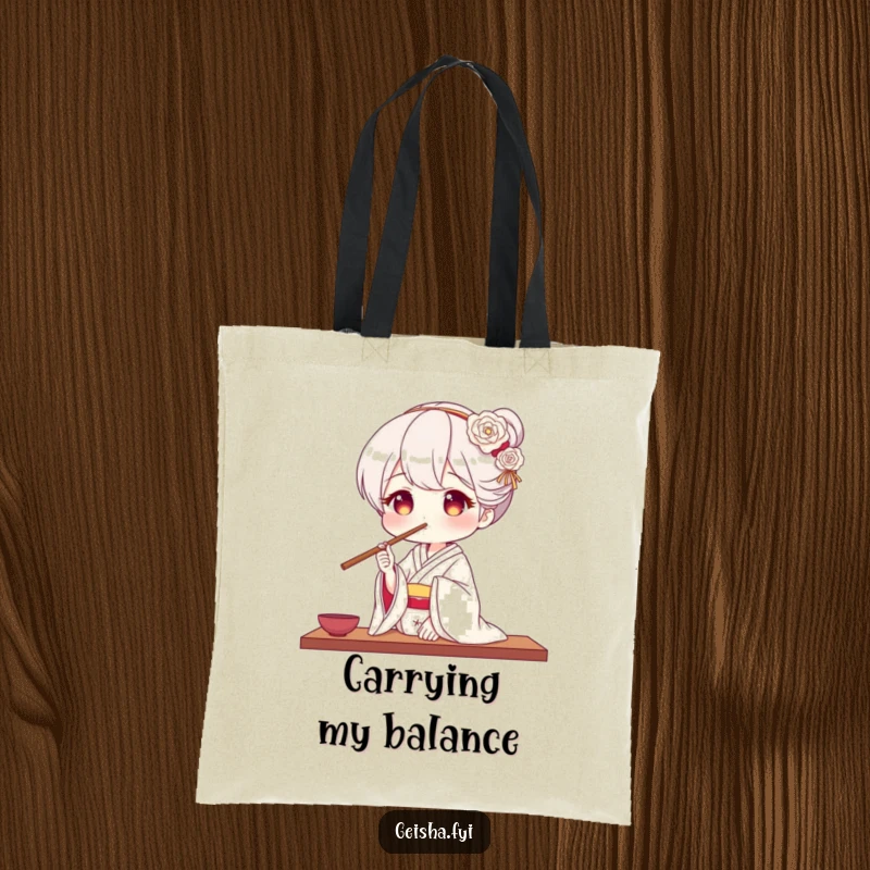 Funny geisha tote bag featuring a geisha balancing chopsticks on her nose, ideal for stylish and humorous everyday use.