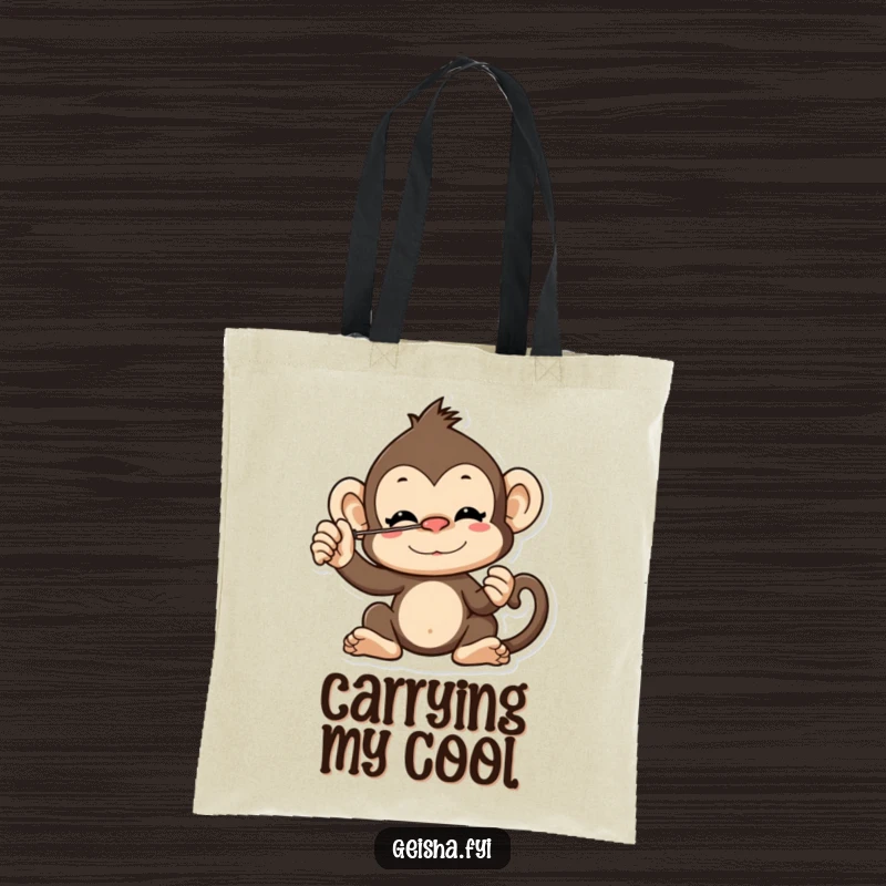 Funny cheeky monkey character tote bag, balancing a fan on its nose, practical and humorous for everyday use.