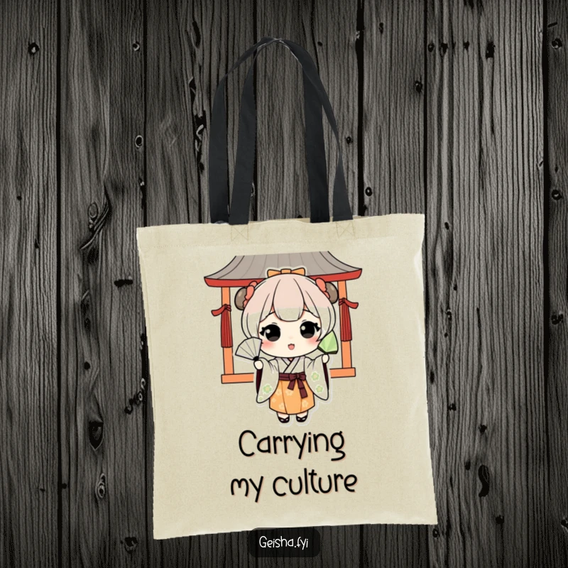 Funny kawaii character in traditional Japanese attire playfully tossing a fan on a durable tote bag, a blend of style and humor.