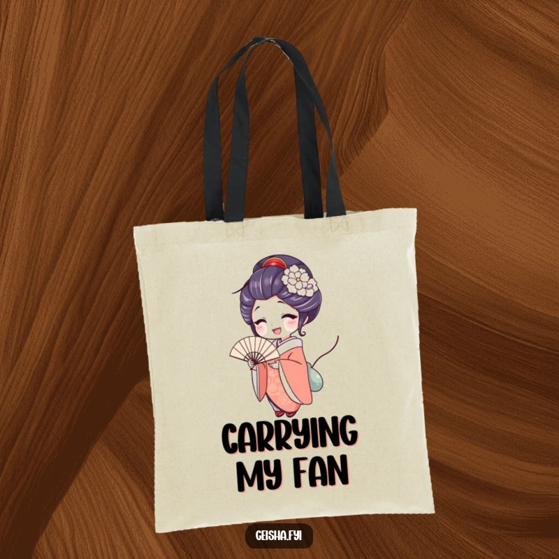 Funny geisha tote bag with a woman with a delighted expression holding an elegant fan, perfect for stylishly carrying essentials with grace.