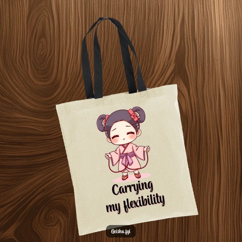 Funny geisha obi tote bag featuring a mischievous obi character as a jump rope. Playful, practical, and stylish.
