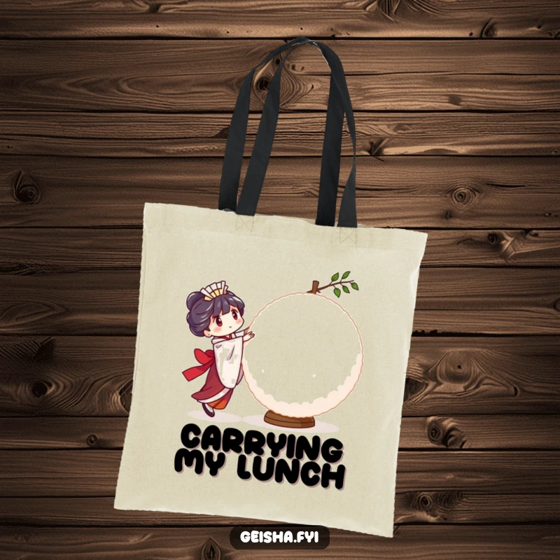 Funny Geisha Rice Ball Tote Bag: a character humorously attempting to balance a large, wobbly rice ball, ideal for carrying items.
