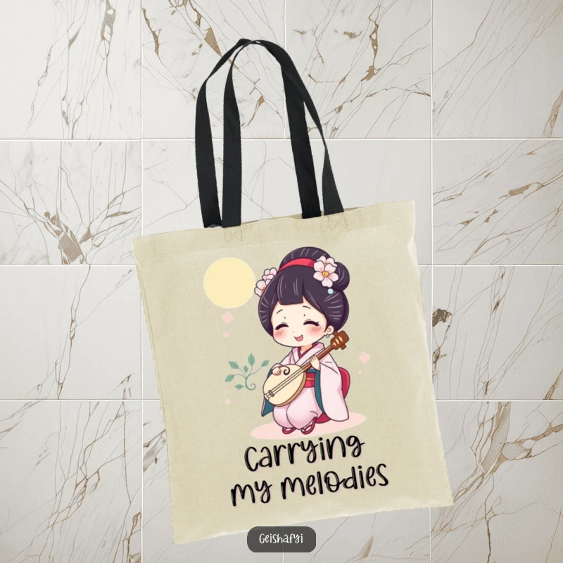 Funny geisha tote bag showcasing a giggling woman playing a tiny shamisen, perfect for everyday errands with a humorous twist.