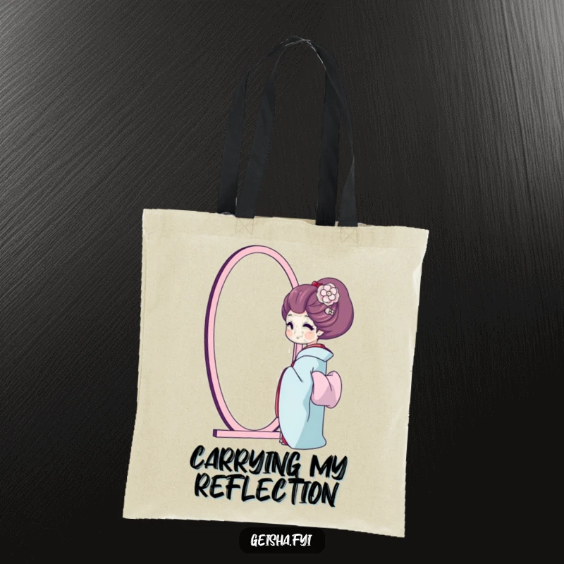 Funny geisha tote bag, a geisha happily sighs while admiring her reflection in a mirror, promoting self-love.