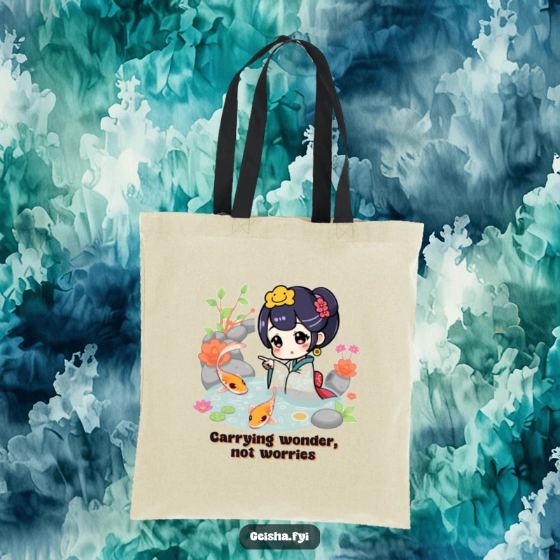 Funny Tote Bag: A geisha character excitedly gestures towards a brilliant koi fish in a calm, picturesque pond setting.