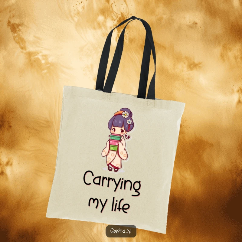 Funny geisha tote bag, chic accessory showing a character balancing colorful stacked boxes with grace, perfect for humorous shoppers.