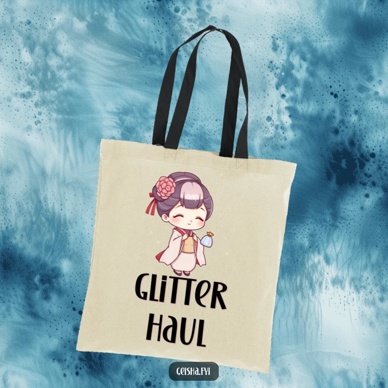 Funny geisha tote bag, chic accessory showing a character playfully sprinkling glitter from a pouch, perfect for humorous shoppers.