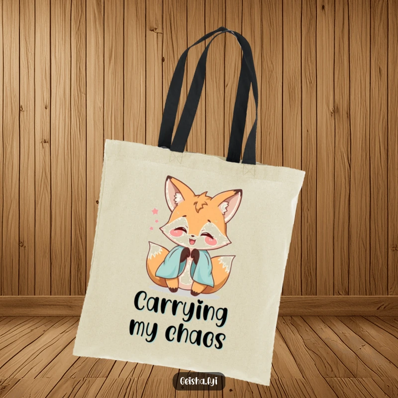 Funny delighted fox character tote bag, playfully fumbling with silk sleeves, practical and charming for everyday use.