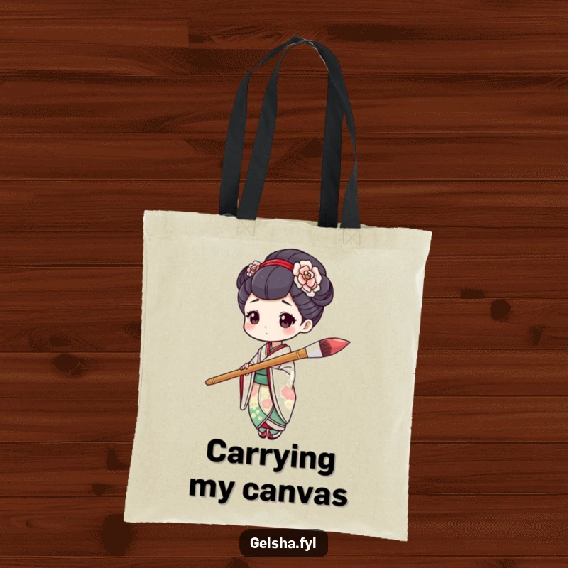 Funny geisha character holding an oversized paintbrush mid-stroke on this stylish and humorous tote bag.