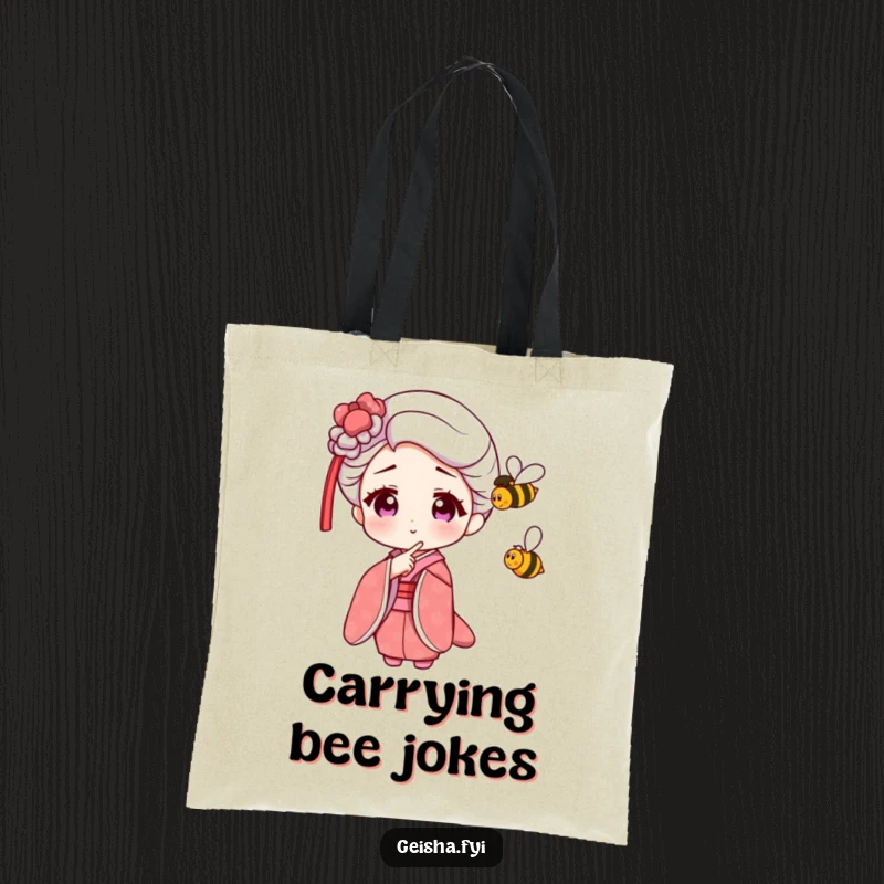 Funny Geisha Tote Bag showing an amused character pointing at a tiny, buzzing bee, perfect for everyday use.