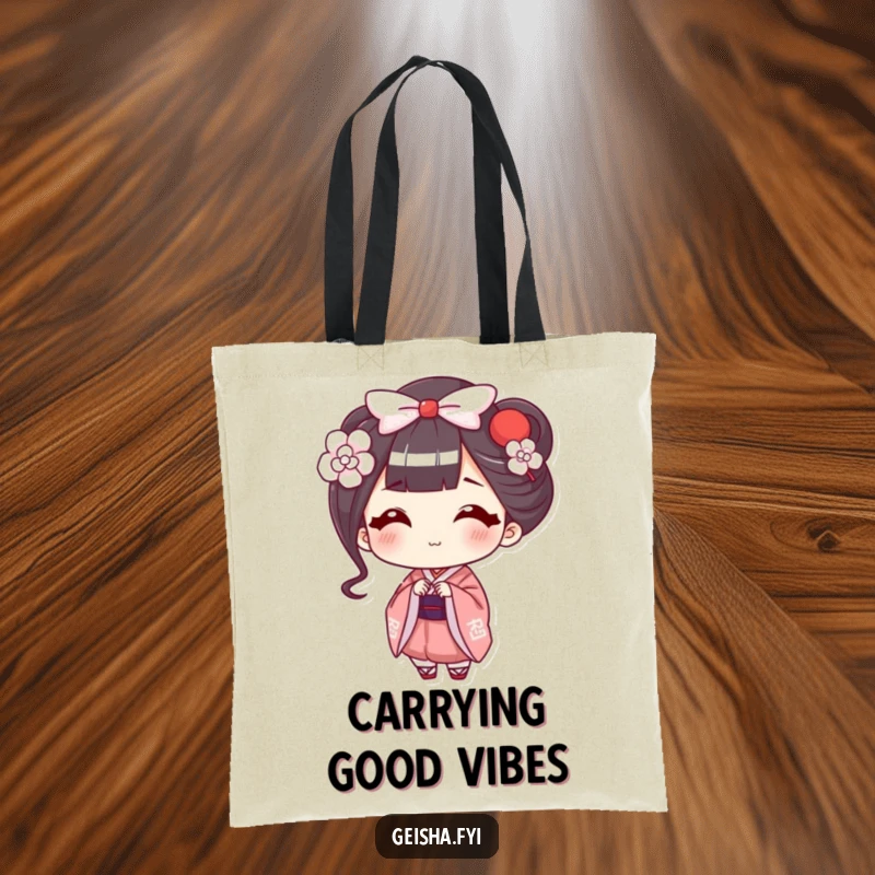 Funny Geisha Tote Bag: Happy character offers a smiling bow, perfect for carrying items with grace and humor.