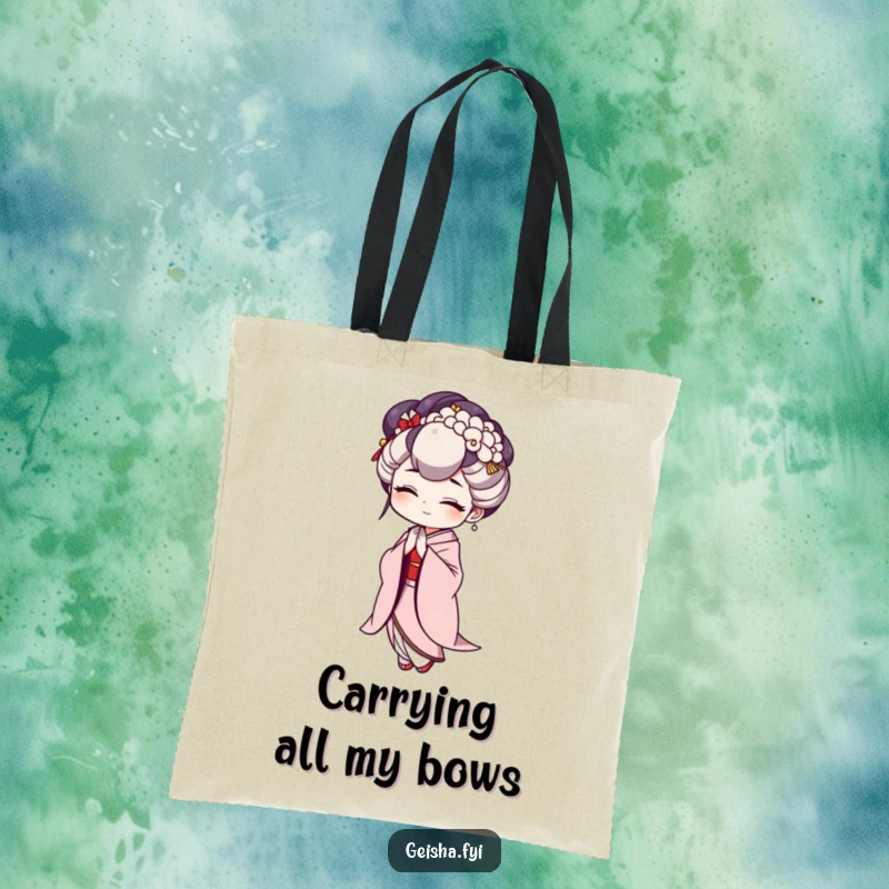 Funny Geisha Tote Bag showcasing a character in a comically exaggerated bow, ideal for shopping or daily use.