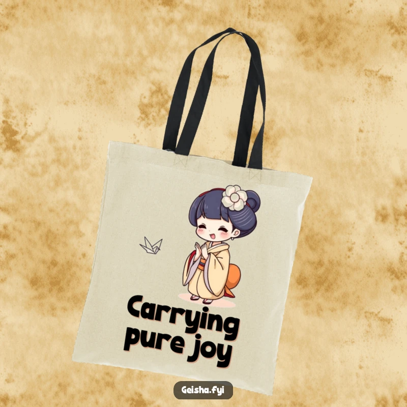 Funny Geisha clapping with delight at a small paper crane, a humorous and practical tote bag.