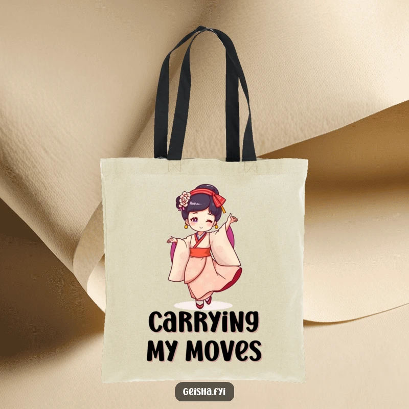 Funny Geisha Tote Bag: Cheerful character gracefully twirling, perfect for carrying essentials with a smile.