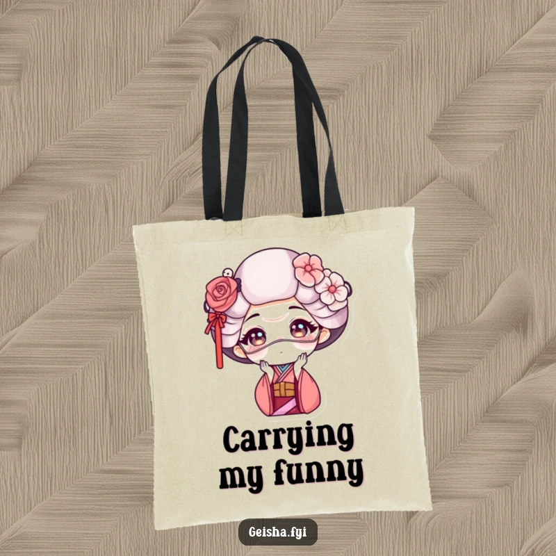 Funny geisha tote bag featuring a geisha making a funny face with a delicate mask, perfect for carrying items with humor.