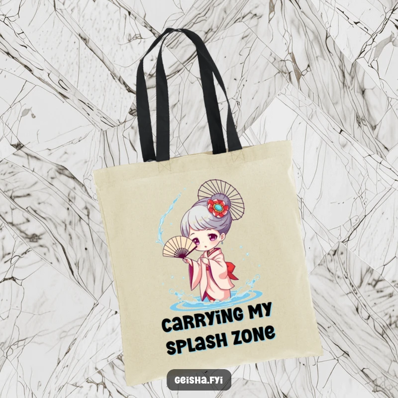 Funny Geisha Splashing Tote Bag, a character playfully tossing water with a fan, embodying lighthearted water fun and charm.