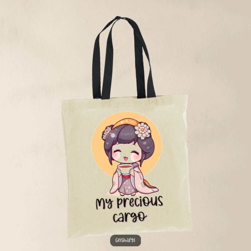 Funny Geisha Tote Bag: A geisha character holds a tiny teacup, conveying warmth and delight.
