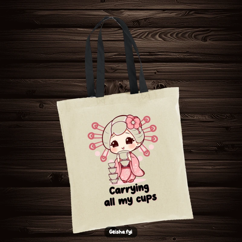 Funny geisha character artfully balancing a stack of tiny teacups on this stylish and humorous tote bag.